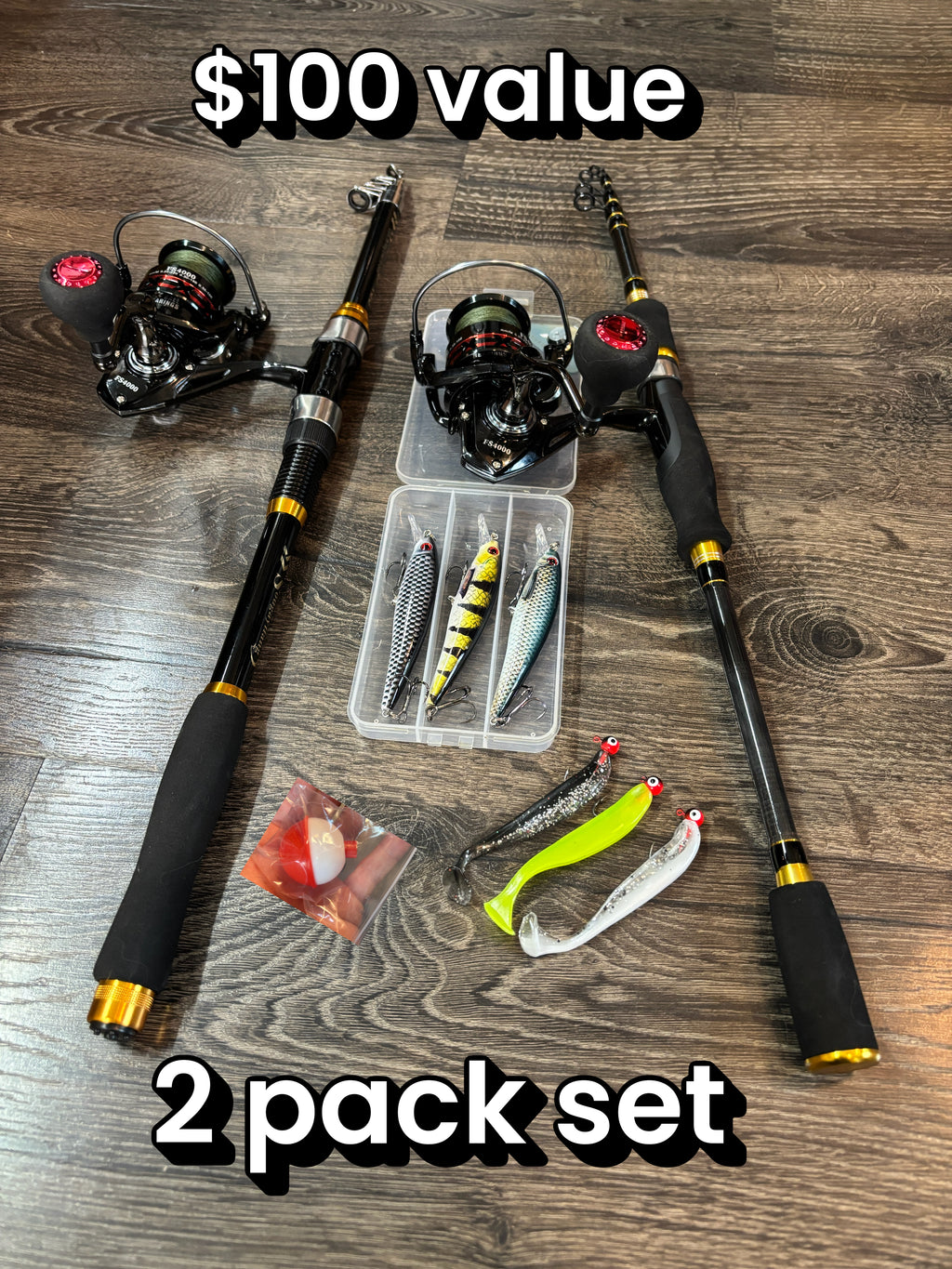 Fishing pole kit 2 pack set with lures