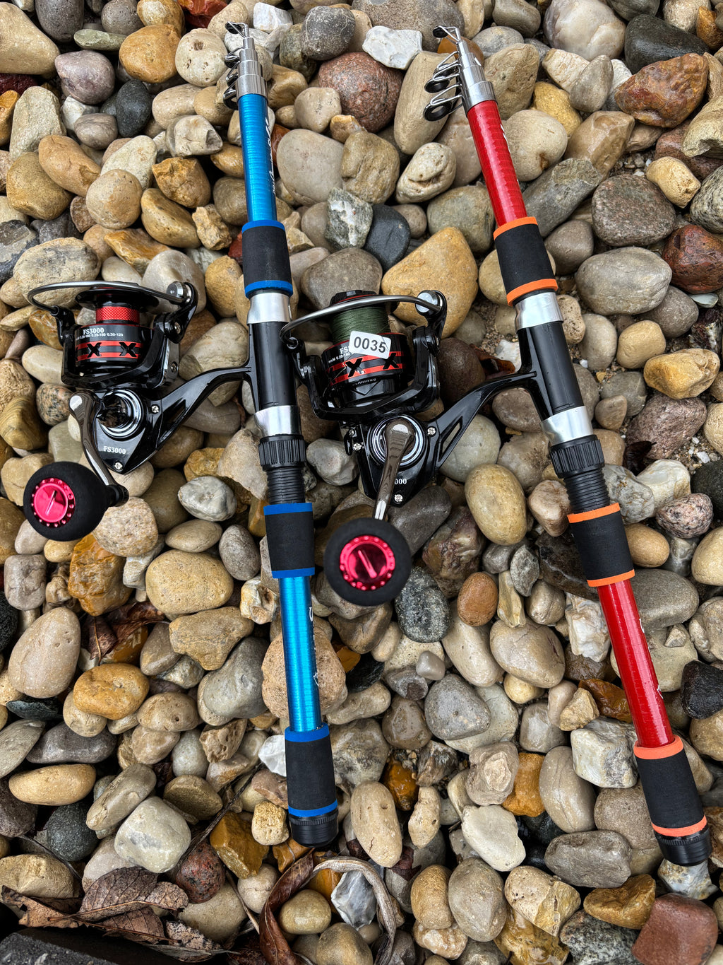 Blue and red fishing pole set