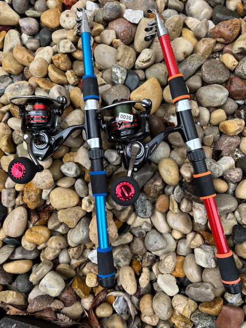 Blue and red fishing pole set