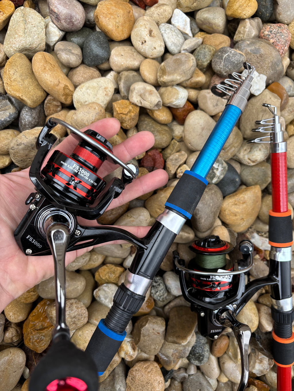 Blue and red fishing pole set