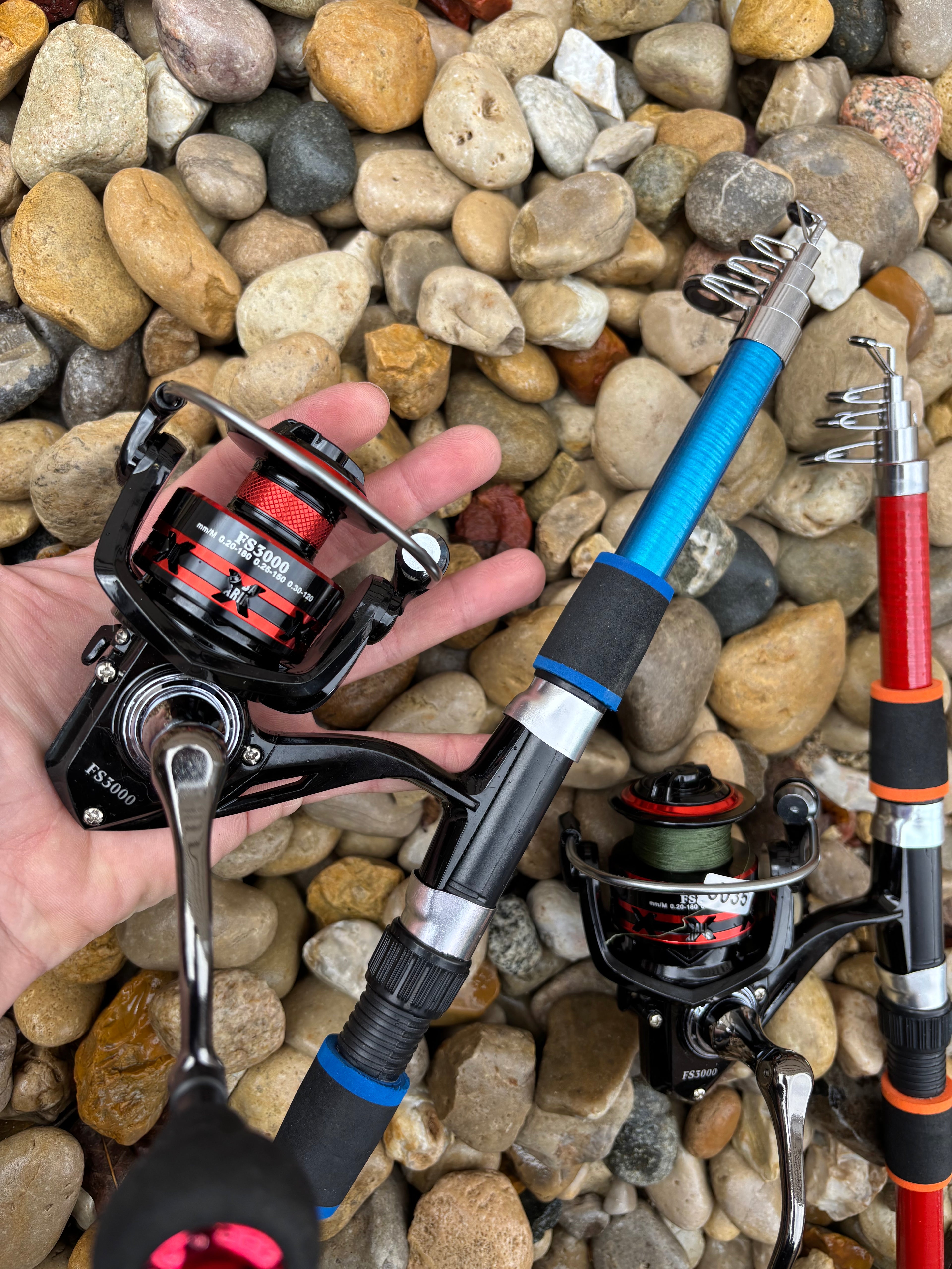 Blue and red fishing pole set